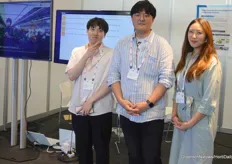 Gwanghyeong Lee and Byoungjun Kim vaq Korea Technology Institute along with their translator, Juyeon Kim. Demonstrate the Crop characteristics investigation technology, which uses photo analysis.